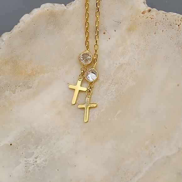 925 Sterling Silver Gold Cross Earrings | Stone Detail | Threader Chain Style - Picture 1 of 7
